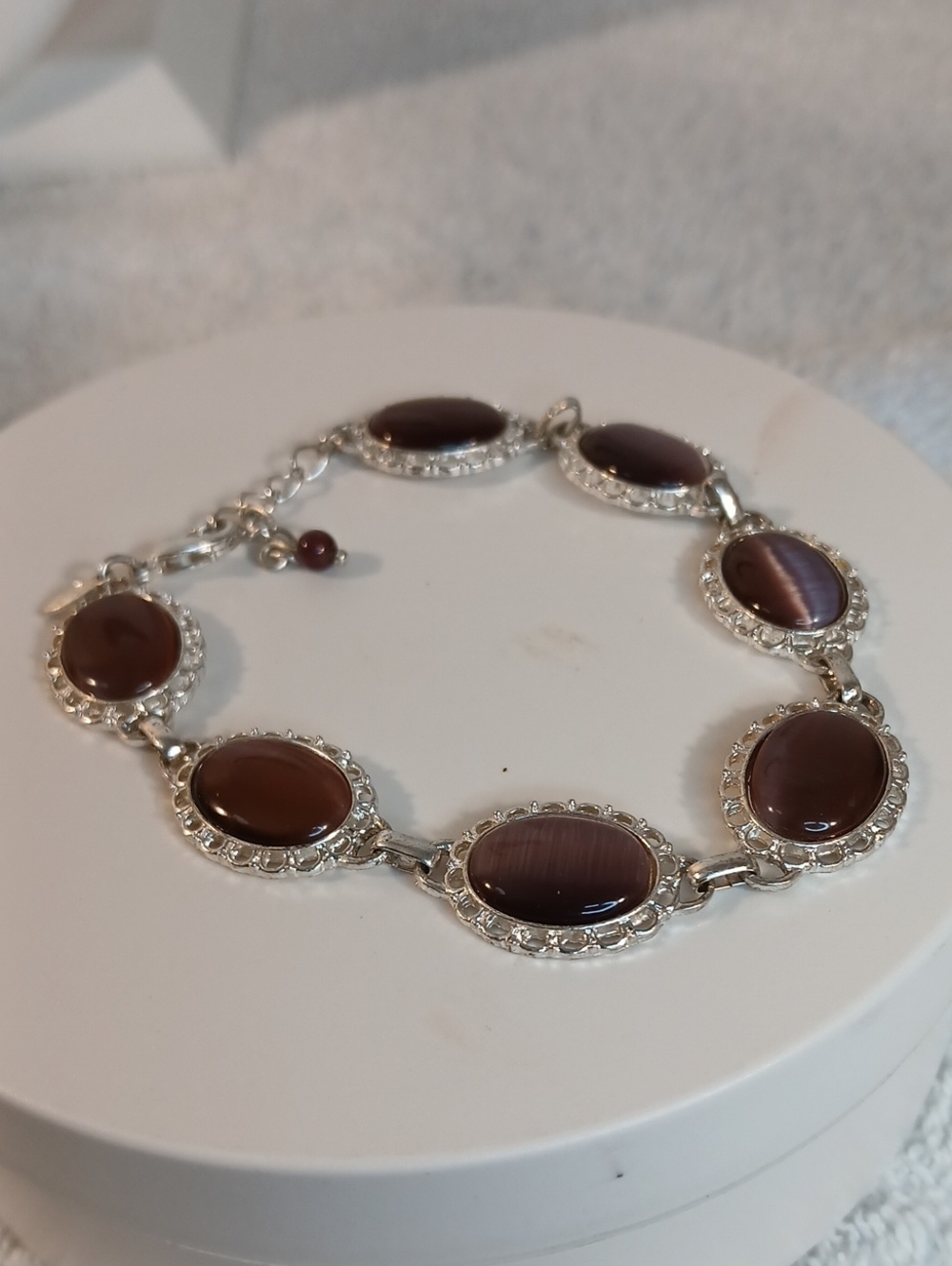 Silver Bracelet with Brown Oval Cabochon Stones